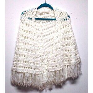 Womens Shawl white Shoulder Wrap Scarf  wool knit fringes ONE SIZE soft EUC